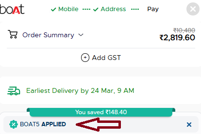 Coupon verification screenshot on Boat