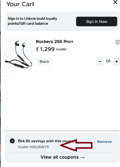 Coupon verification screenshot on Boat