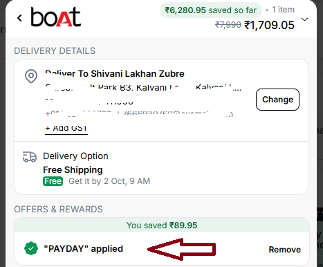 Coupon verification screenshot on Boat