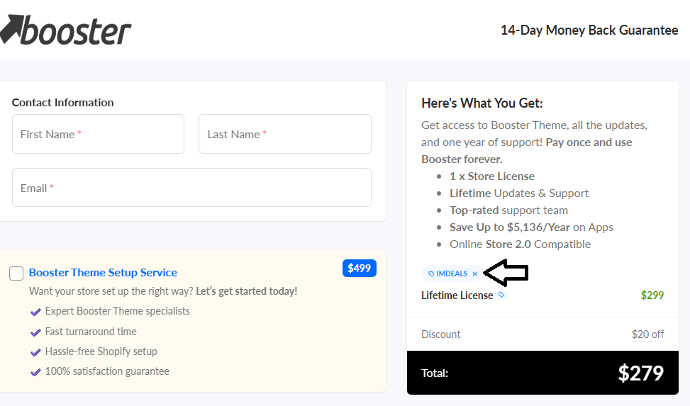 Coupon verification screenshot on Booster Theme