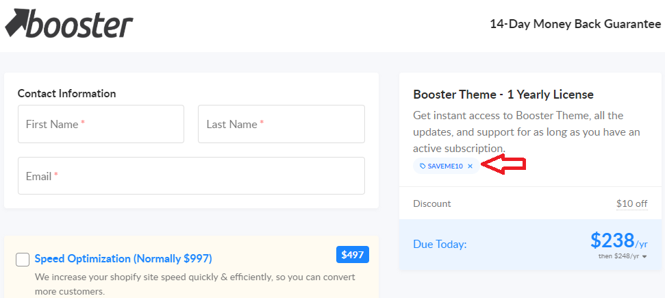 Coupon verification screenshot on Booster Theme