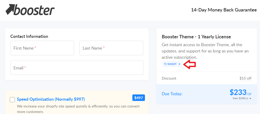 Coupon verification screenshot on Booster Theme