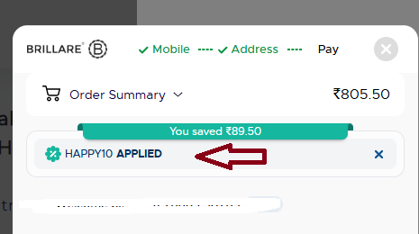 Coupon verification screenshot on Brillare