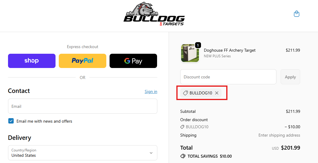 Coupon verification screenshot on Bulldog Targets