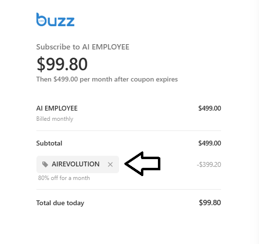 Screenshot of tested coupon for Buzz.AI