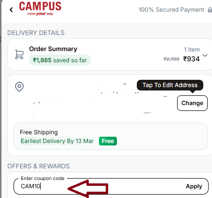 Coupon verification screenshot on Campus Shoes