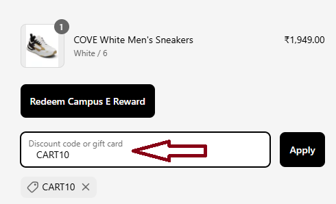 Coupon verification screenshot on Campus Shoes