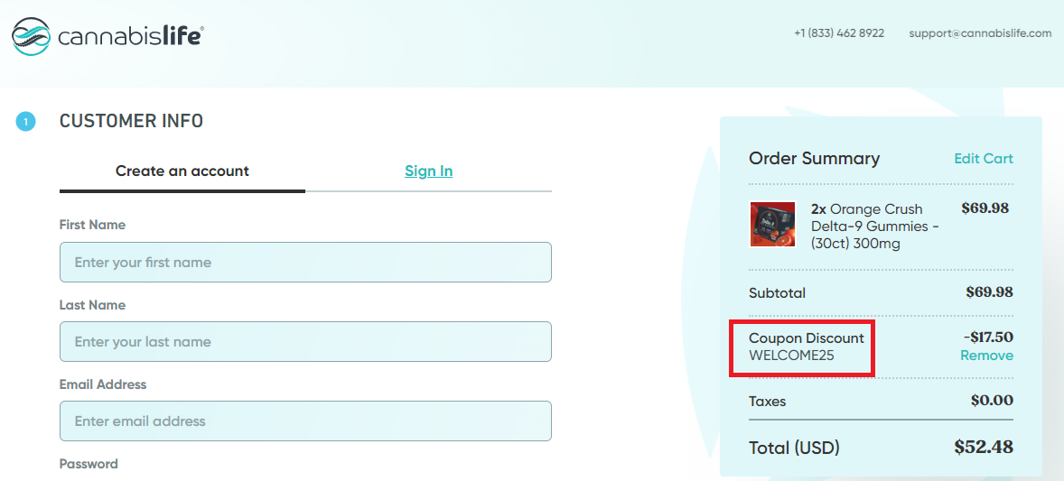 Coupon verification screenshot on Cannabis Life