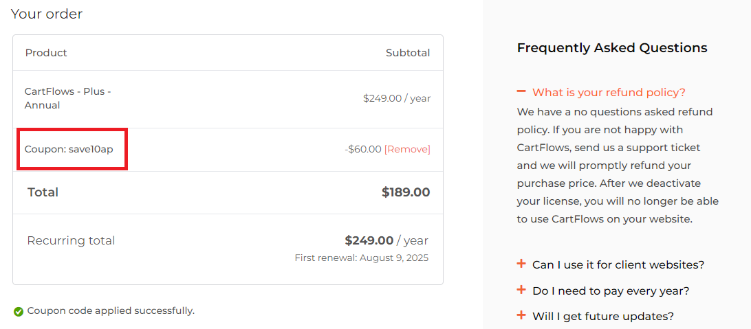 Coupon verification screenshot on Cartflows