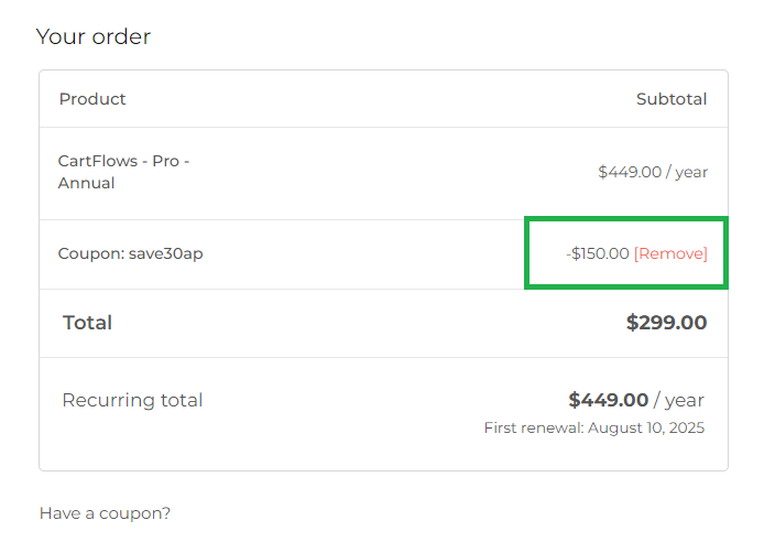Coupon verification screenshot on Cartflows