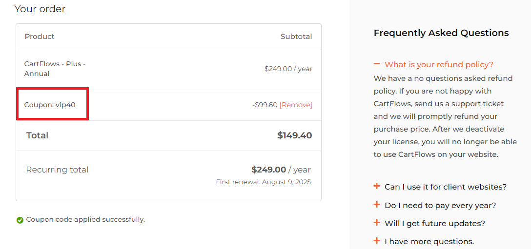 Coupon verification screenshot on Cartflows