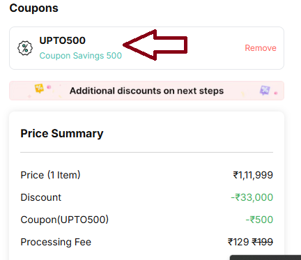 Coupon verification screenshot on Cashify