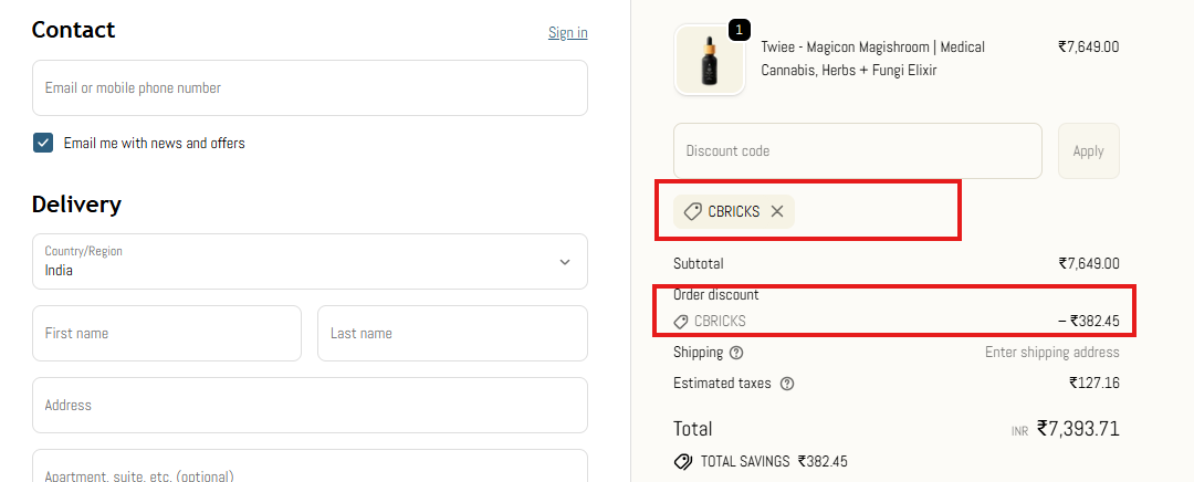 Coupon verification screenshot on CBD Store India