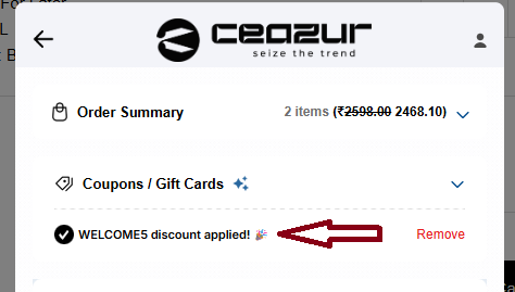 Coupon verification screenshot on Ceazur