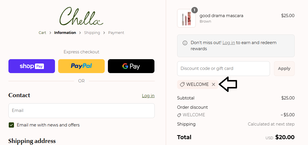 Screenshot of tested coupon for Chella