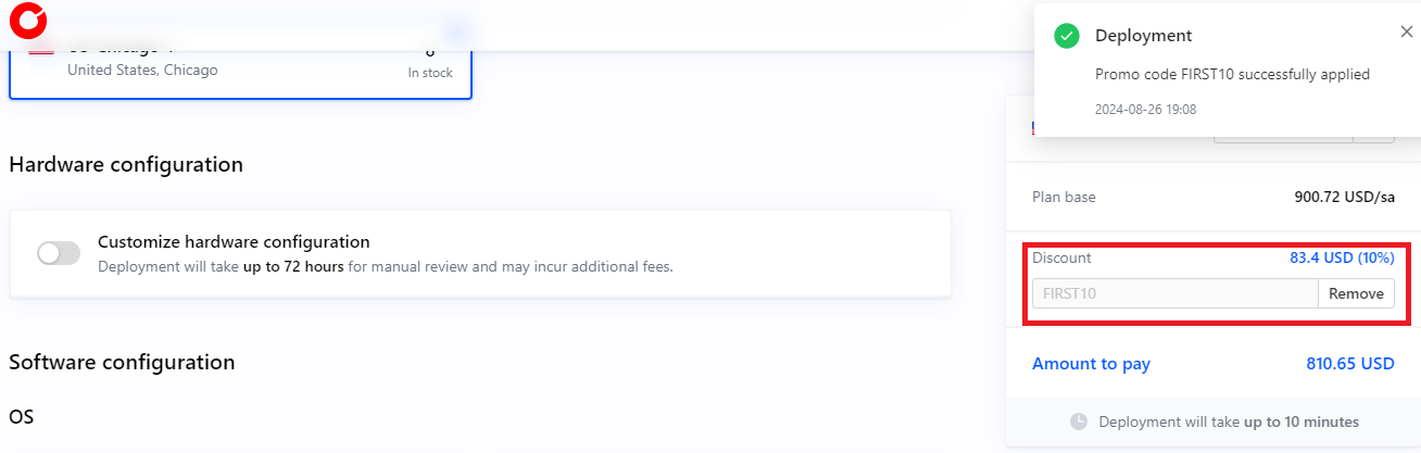 Coupon verification screenshot on Cherry Servers