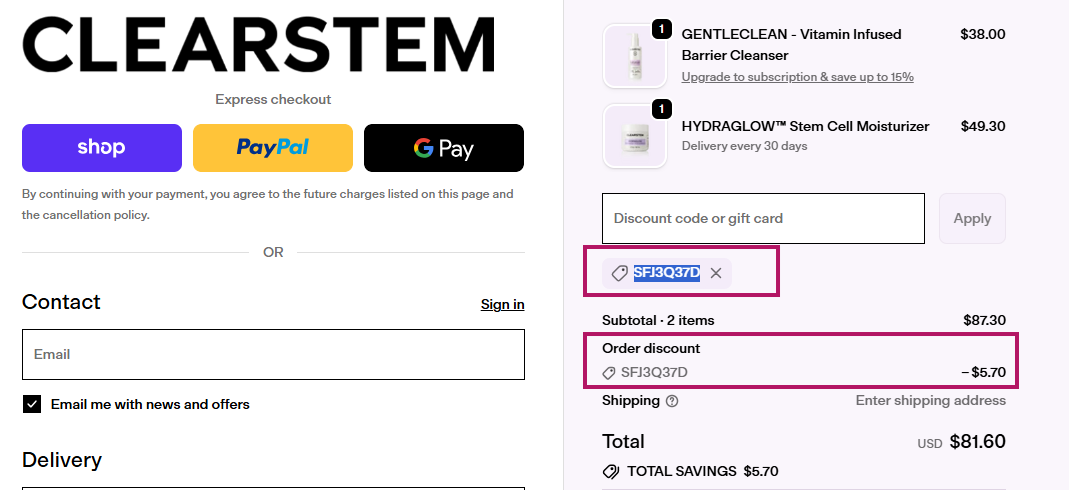 Coupon verification screenshot on ClearStem Skincare