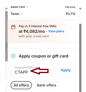 Coupon verification screenshot on Cleartrip