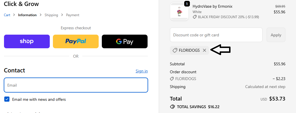 Screenshot of tested coupon for Click & Grow
