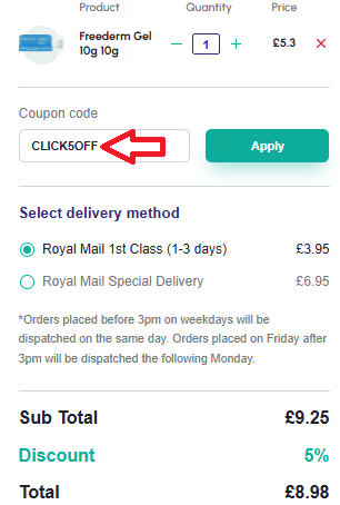 Coupon verification screenshot on Click Pharmacy
