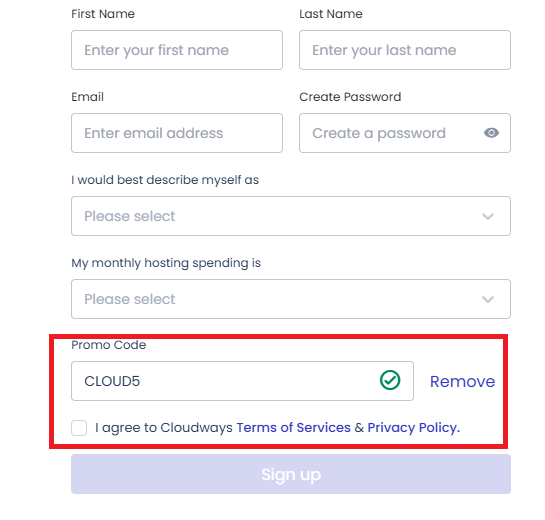Screenshot of tested coupon for Cloudways