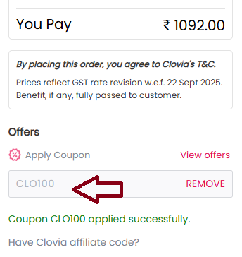 Coupon verification screenshot on Clovia