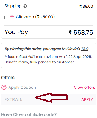 Coupon verification screenshot on Clovia