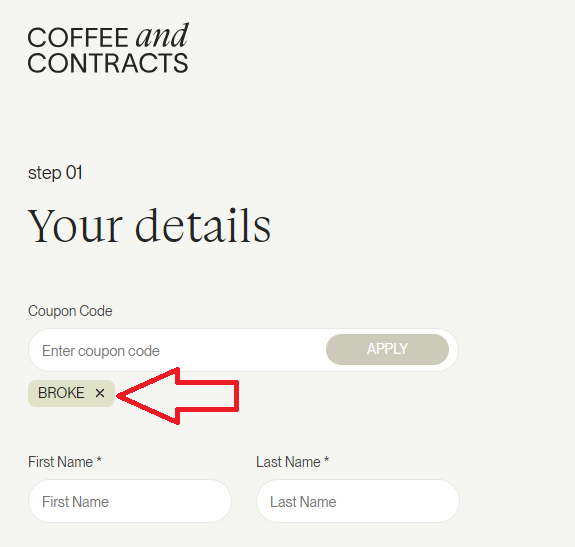 Coupon verification screenshot on Coffee And Contracts