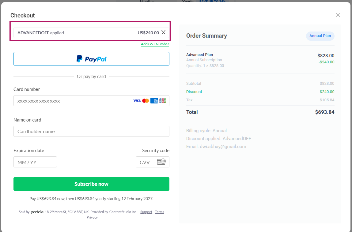 Screenshot of tested coupon for ContentStudio