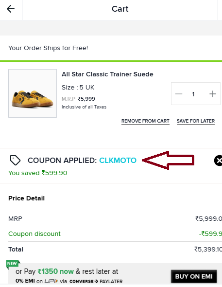 Coupon verification screenshot on Converse