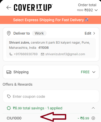 Screenshot of tested coupon for Cover It Up