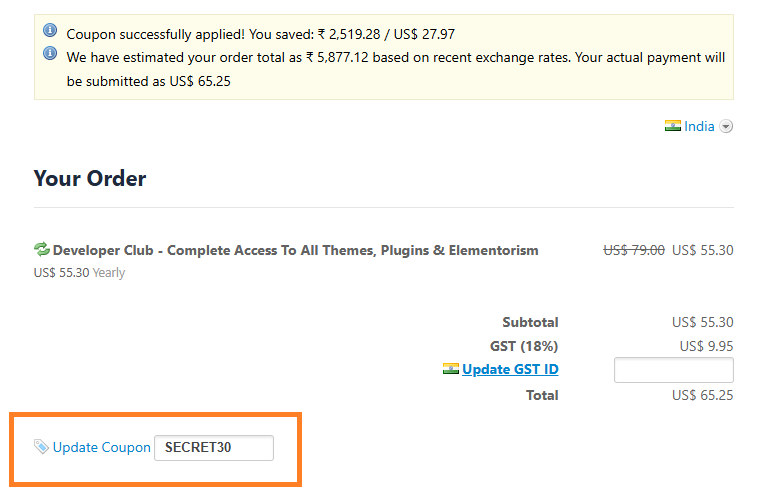 Screenshot of tested coupon for Cssigniter