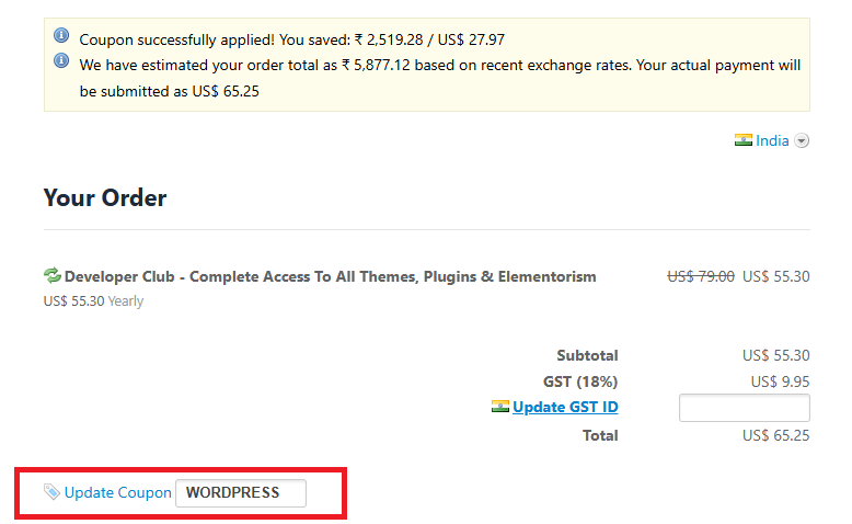 Screenshot of tested coupon for Cssigniter