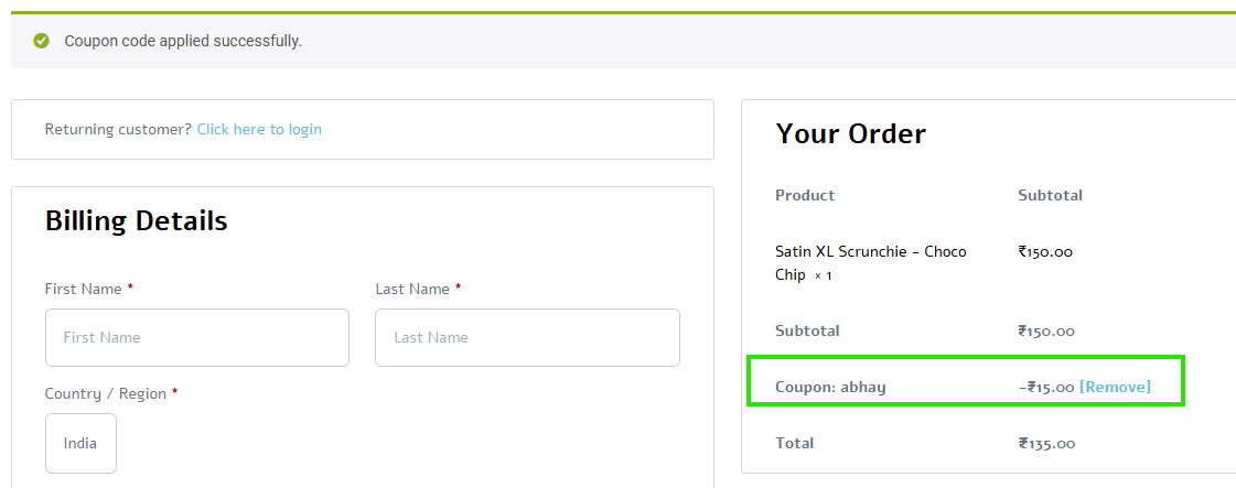 Coupon verification screenshot on Curly Charmy