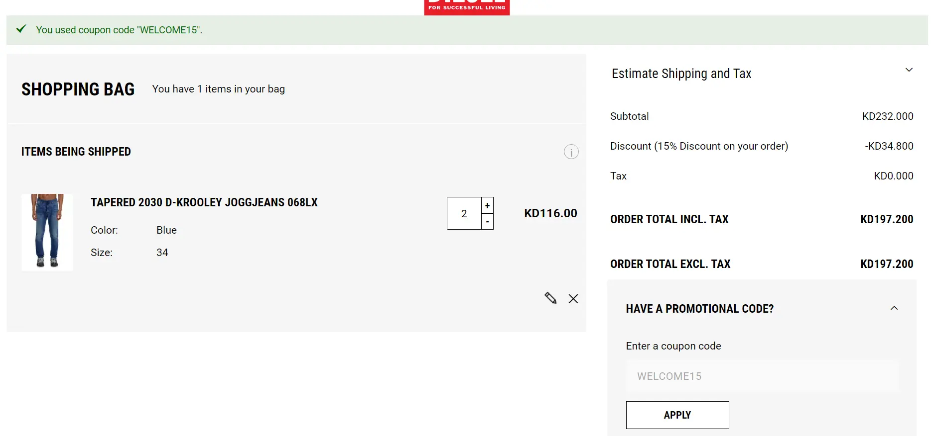 Coupon verification screenshot on Diesel