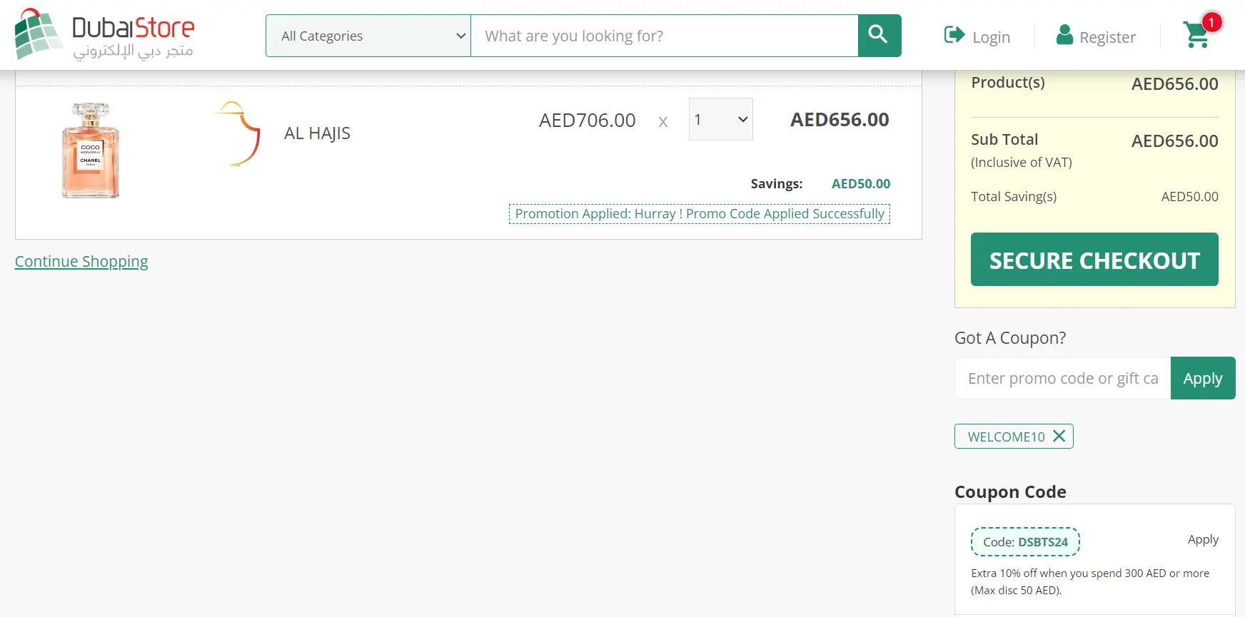 Coupon verification screenshot on Dubai Store