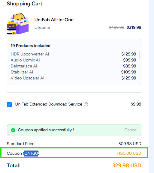Screenshot of tested coupon for DVDFab