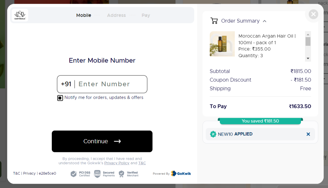 Coupon verification screenshot on Earth Raga