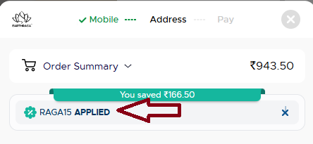 Coupon verification screenshot on Earth Raga