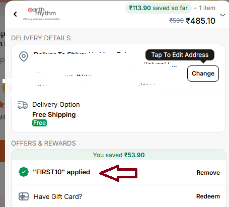 Coupon verification screenshot on Earth Rhythm