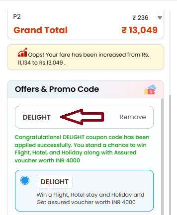 Coupon verification screenshot on EaseMyTrip