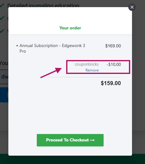 Screenshot of tested coupon for Edgewonk