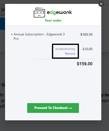 Screenshot of tested coupon for Edgewonk