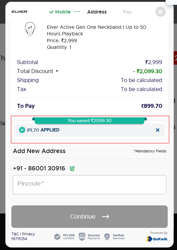 Coupon verification screenshot on Elver