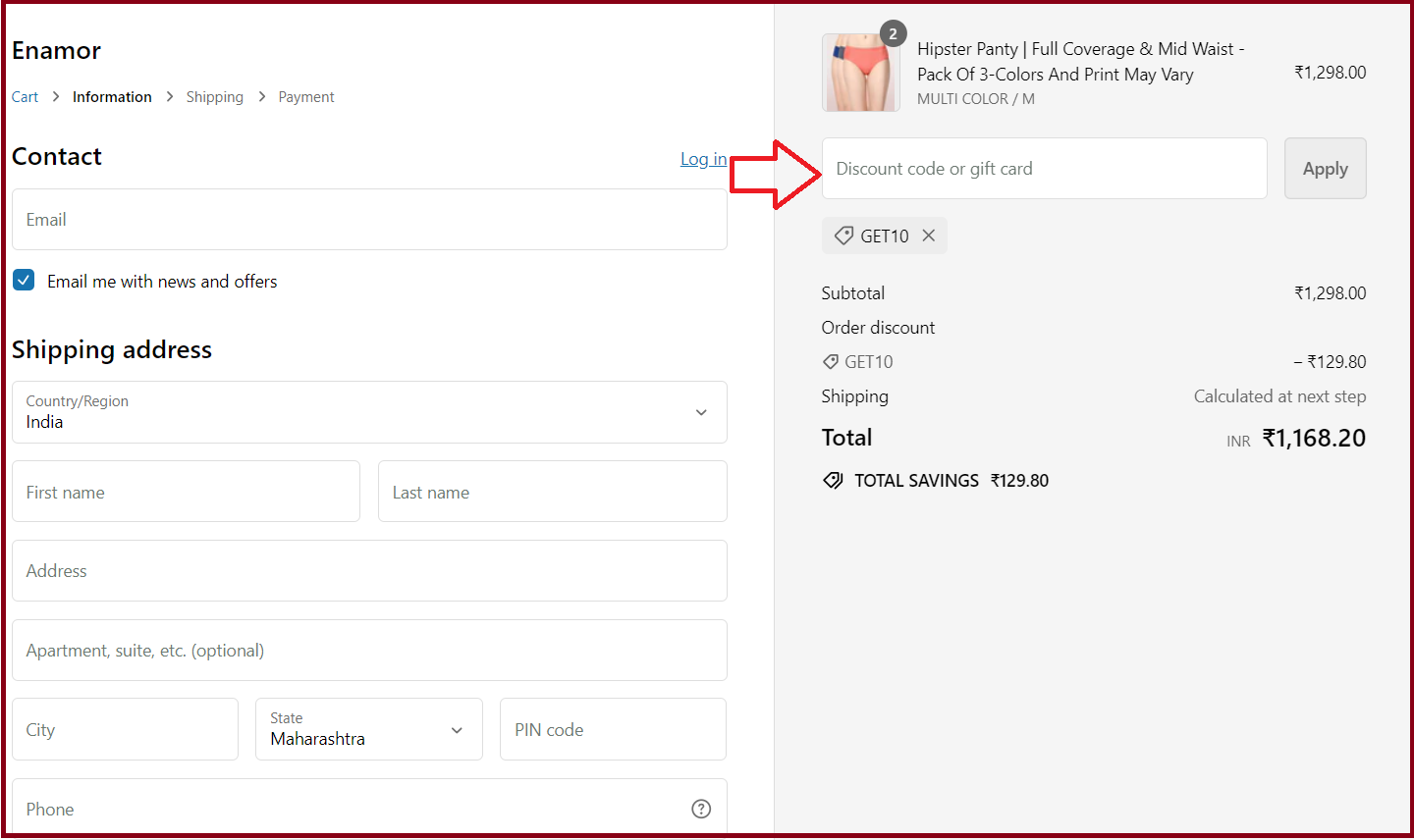 Coupon verification screenshot on Enamor