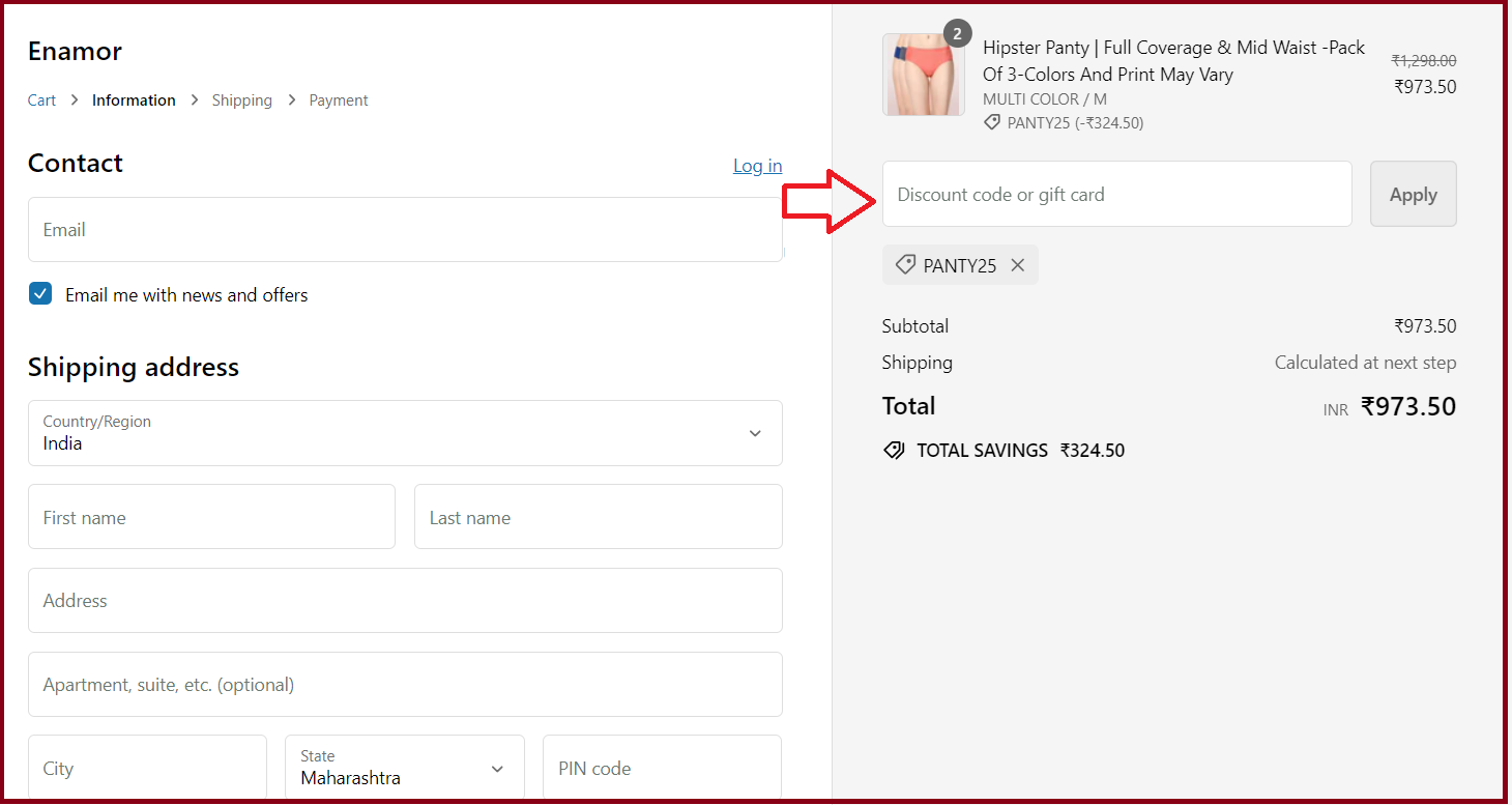 Coupon verification screenshot on Enamor