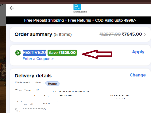Coupon verification screenshot on ExclusiveLane