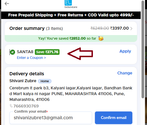 Coupon verification screenshot on ExclusiveLane