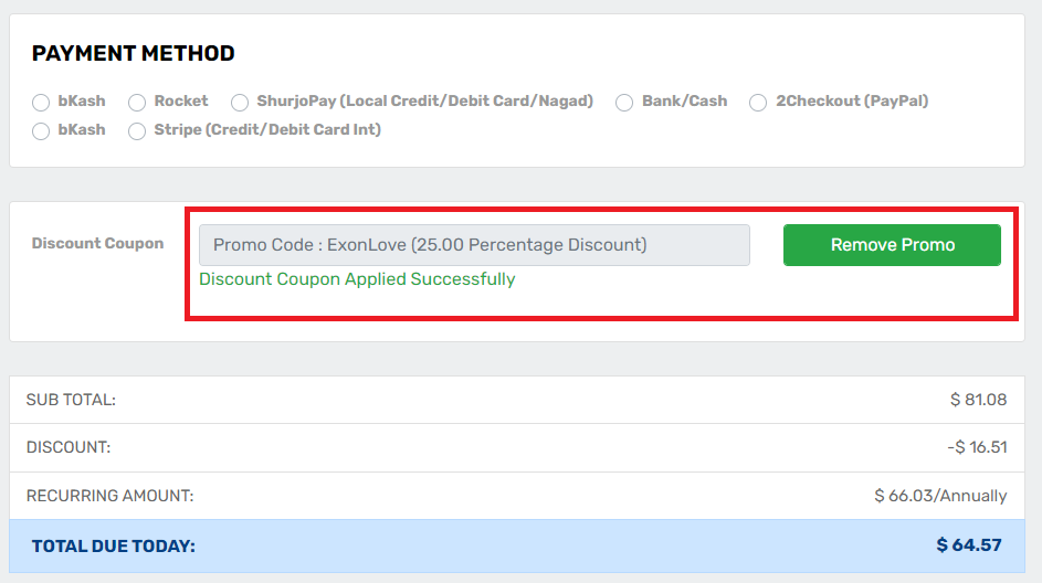 Coupon verification screenshot on ExonHost