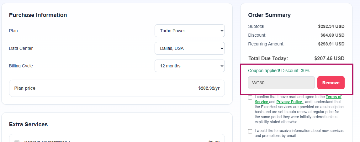 Coupon verification screenshot on ExonHost